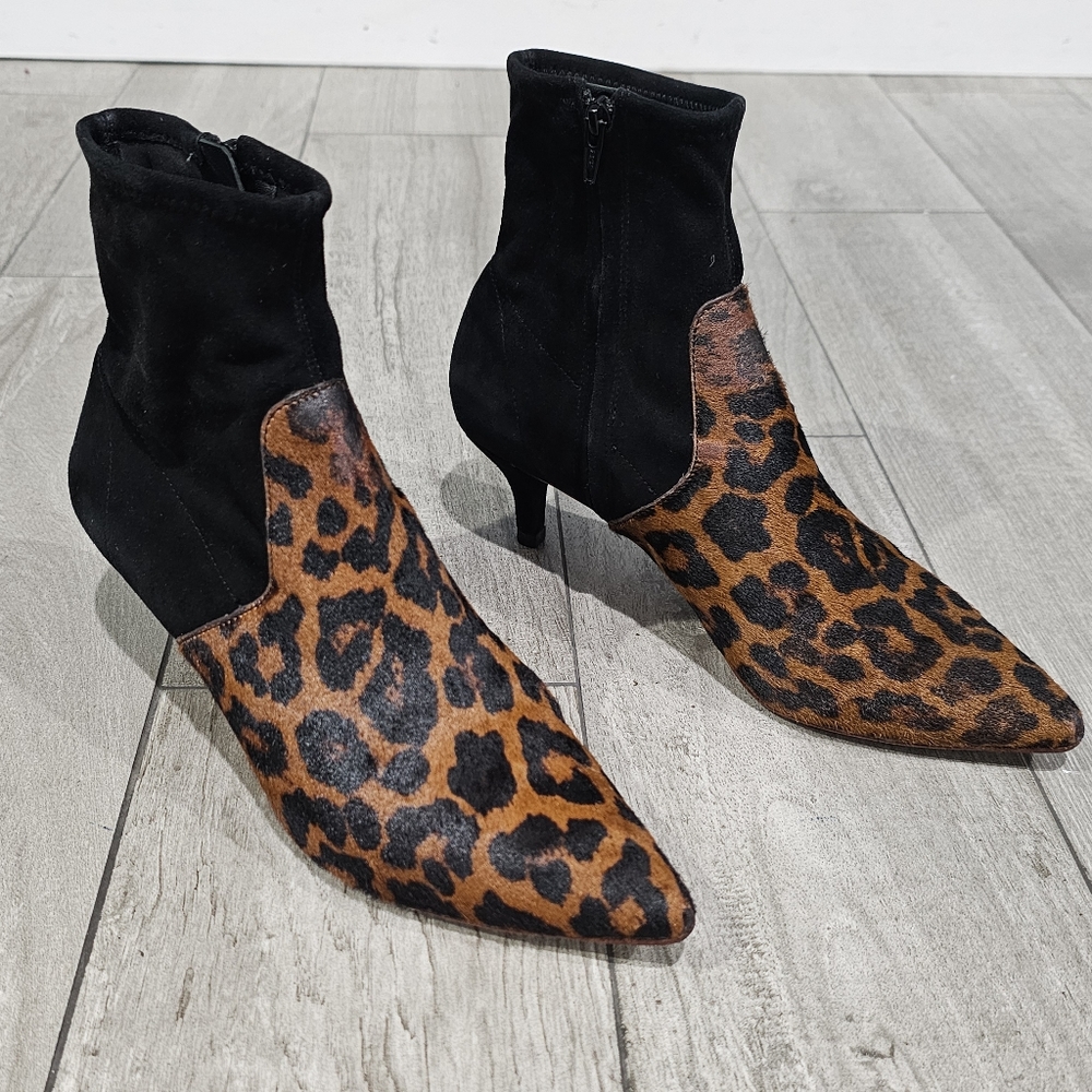 LOEFFLER RANDALL Kassidy Black Suede Pony Hair Leopard Sock Ankle Boots 7.5B